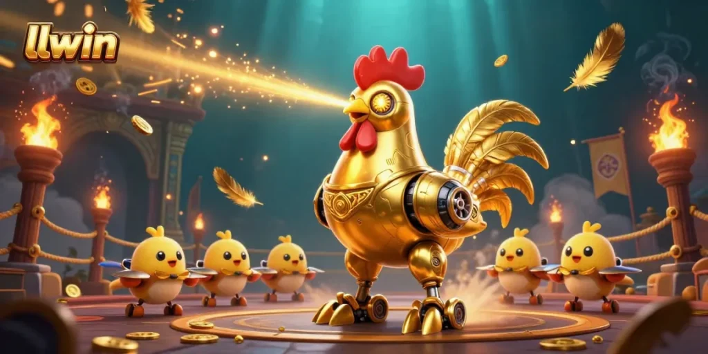 Bet big at llwin with a golden rooster robot and baby chick drones in a dynamic casino scene.