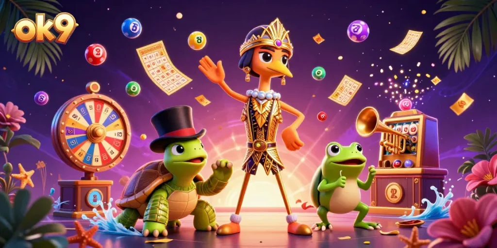 Engage in vibrant gambling action with ok9's colorful lottery scene featuring lively characters and dynamic elements.