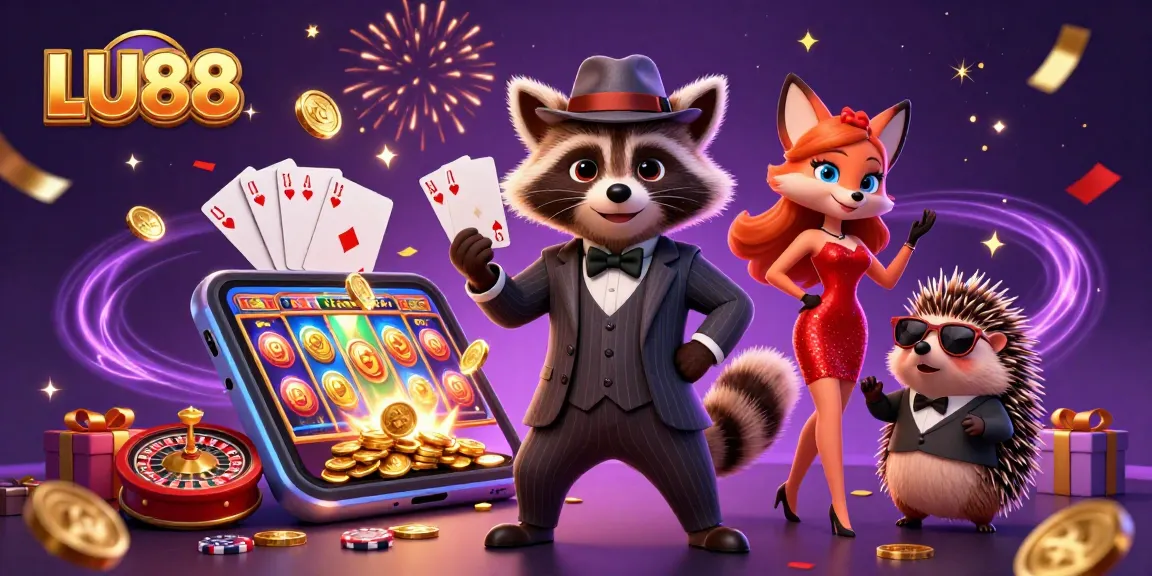 LU88 raccoon gentleman winning in a colorful casino scene with vibrant slot game elements
