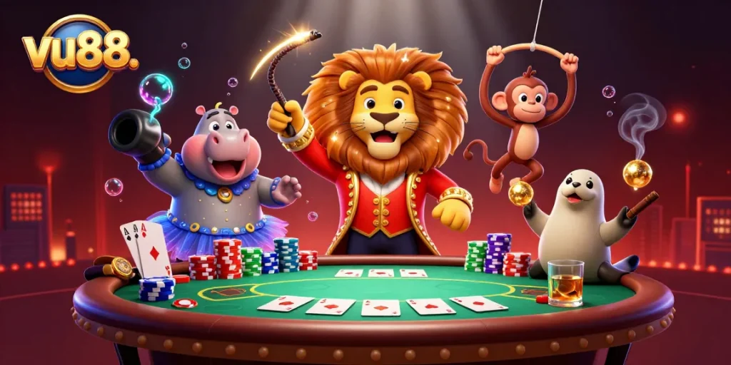 Experience the excitement of poker with vu88. featuring a circus showdown, vibrant game elements, and animated characters.