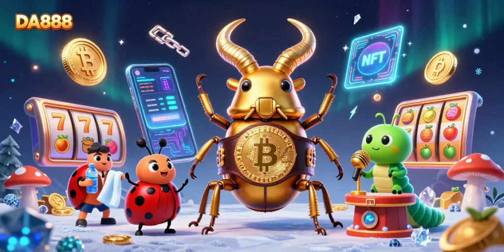 Experience DA888 excitement with a cartoon beetle champion in a dynamic casino scene.