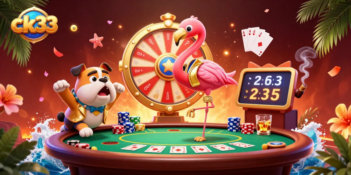 Engage in exciting gameplay at ck33 with a vibrant scene featuring animated casino elements and festive characters.