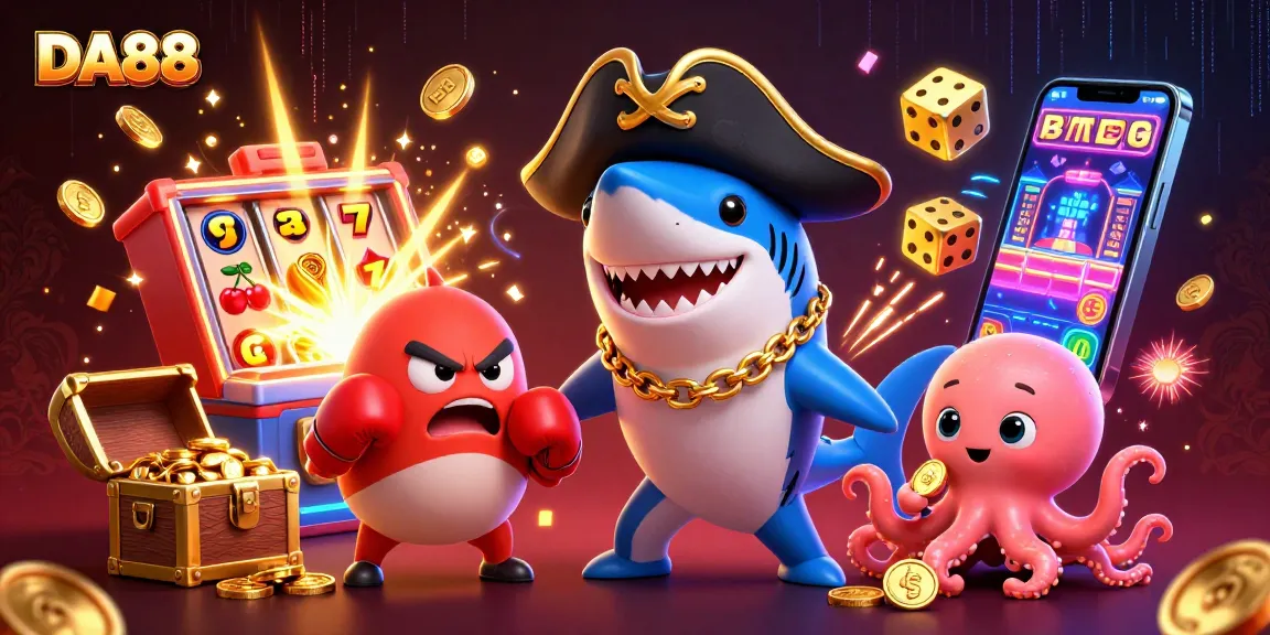Win big at DA88 with a pirate shark and treasure-filled casino scene, offering exciting gaming adventures.