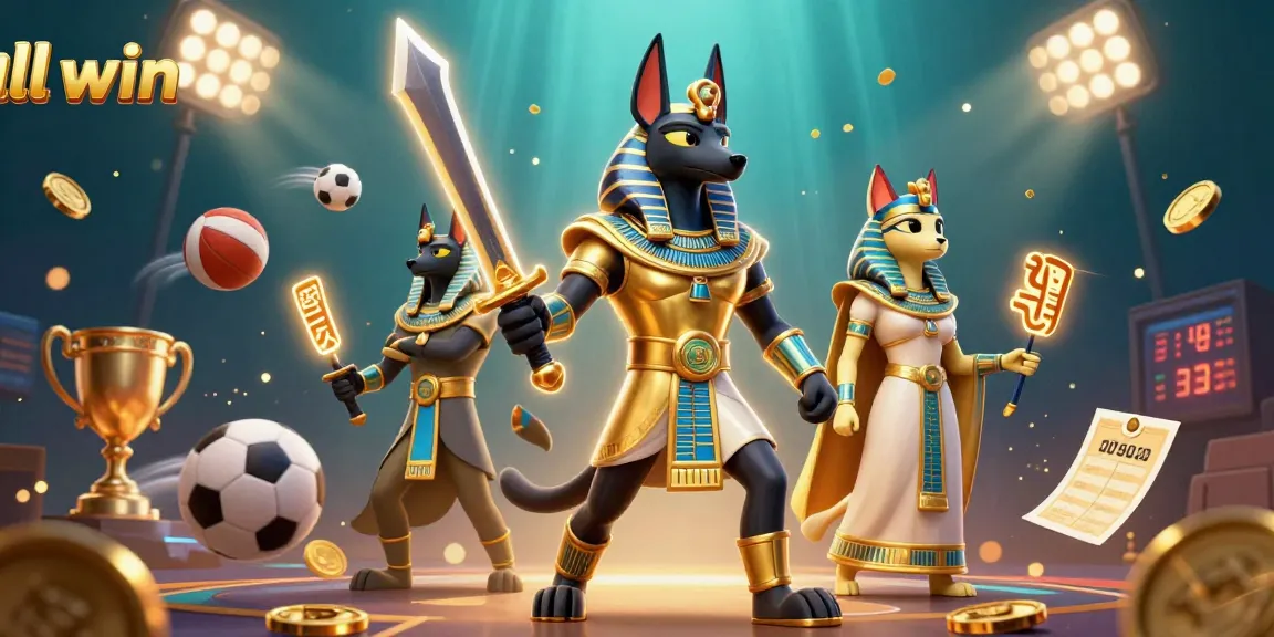 Play exciting games with ll win featuring Anubis and Bastet surrounded by dynamic sports elements.