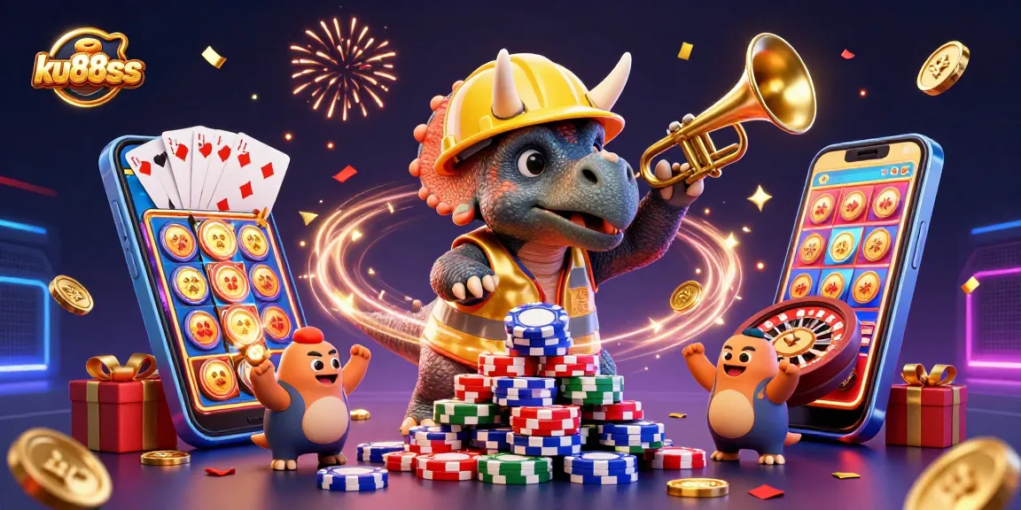 Celebrate with ku88sss as a triceratops stacks poker chips in this vibrant casino scene.