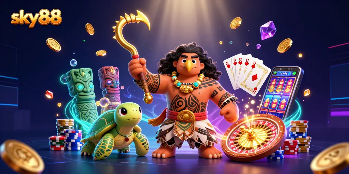 Sky88 demigod with turtle and casino elements, showcasing vibrant 3D gambling excitement.