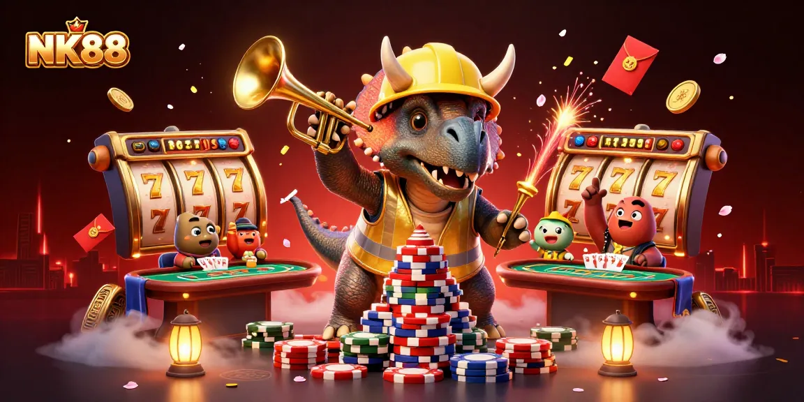 Join the party at NK88 as a lively triceratops builds a poker chip pyramid amidst vibrant casino symbols.
