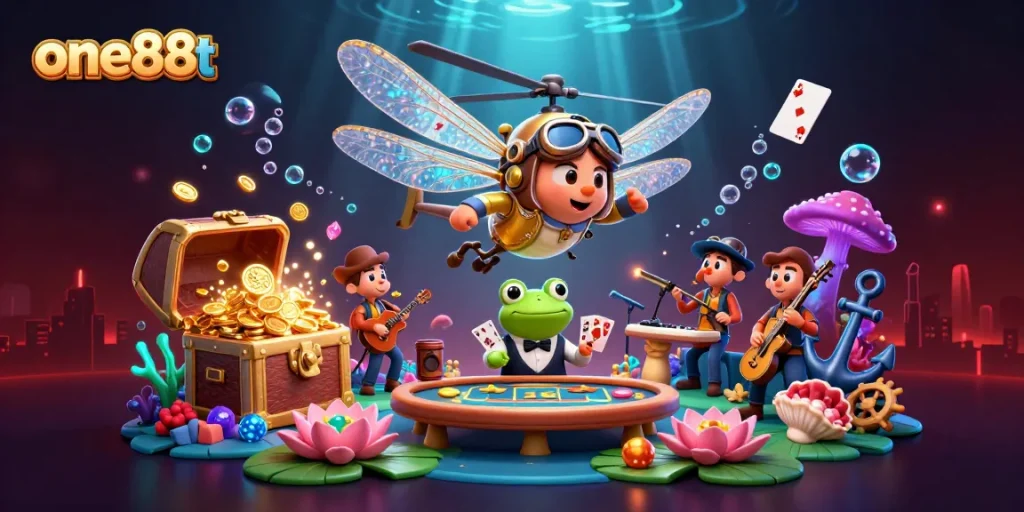 Experience the excitement of one88t with a dragonfly casino pilot and frog dealer in a vibrant 3D scene.