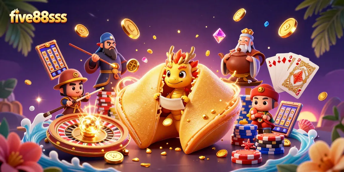 Experience thrilling wins at five88sss with giant golden fortune cookie and casino elements.