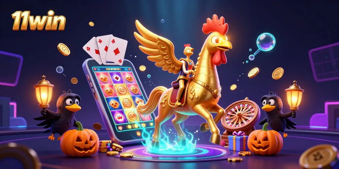 Experience the thrill of 11win with a golden rooster and magical creatures in a vibrant casino.