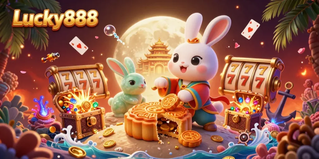 Experience thrilling wins with Lucky888 as a moon rabbit symbolizes big jackpots and endless fun!