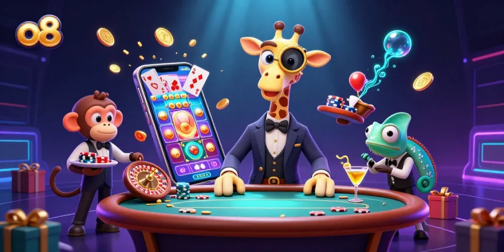 Experience thrilling bets at o8 with vibrant casino elements, showcasing a lively giraffe and engaging action.