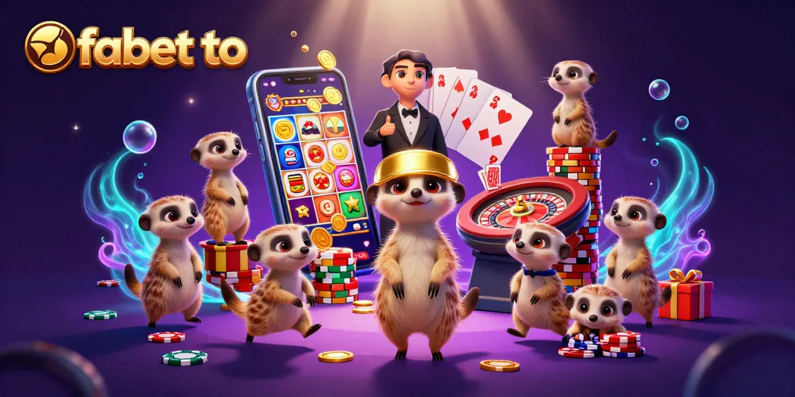 Engage with fabet to experience an energetic casino scene with meerkats, gaming elements, and dynamic visuals.