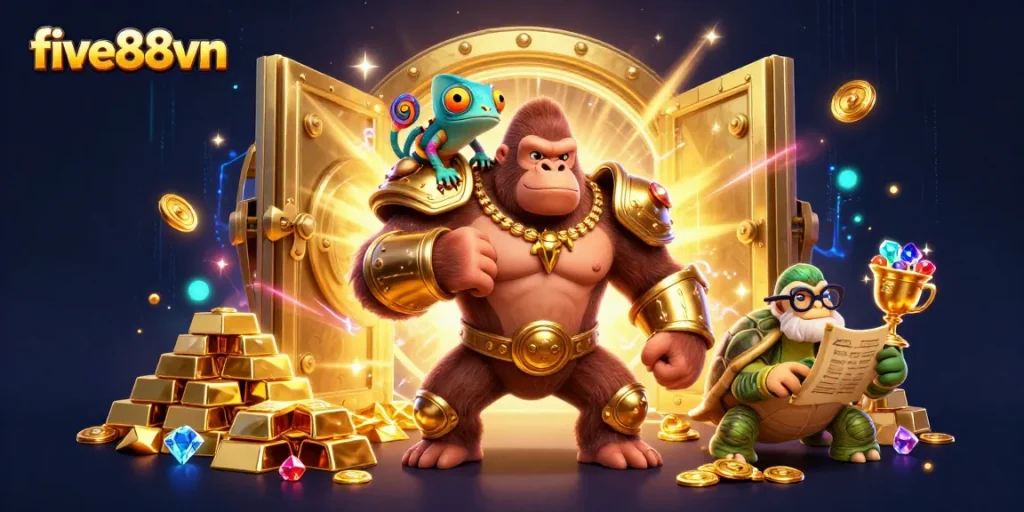 Experience thrilling adventures at five88vn with a powerful gorilla king, colorful chameleon, and ancient scrolls!