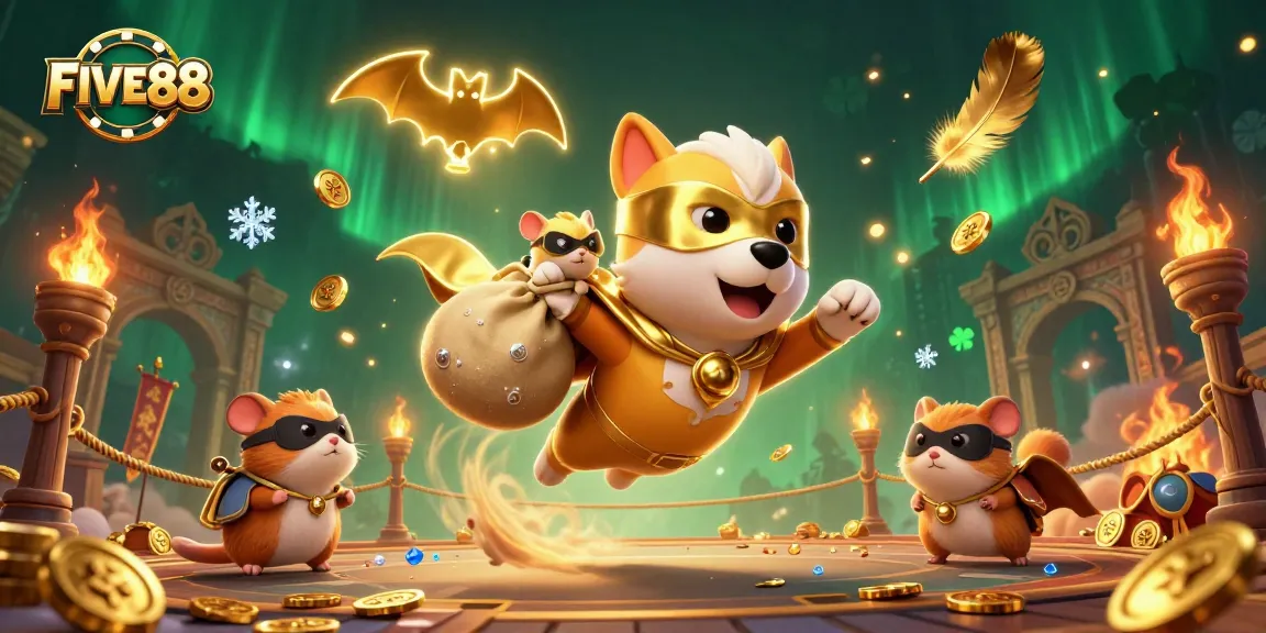 Experience the thrill of FIVE88, where a superhero dog flies with gold coins amidst dynamic gaming elements.