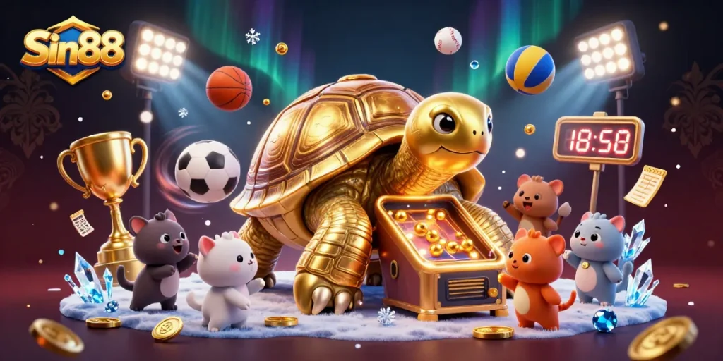 Engage with Sin88's exciting games while enjoying a dynamic 3D casino illustration.