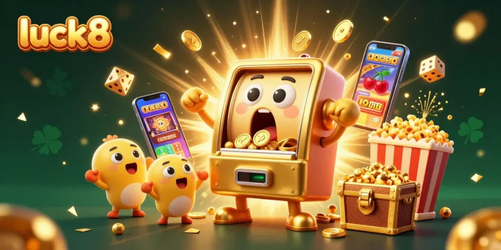 Experience luck8 in a dynamic casino explosion with golden slot machines and vibrant game elements.