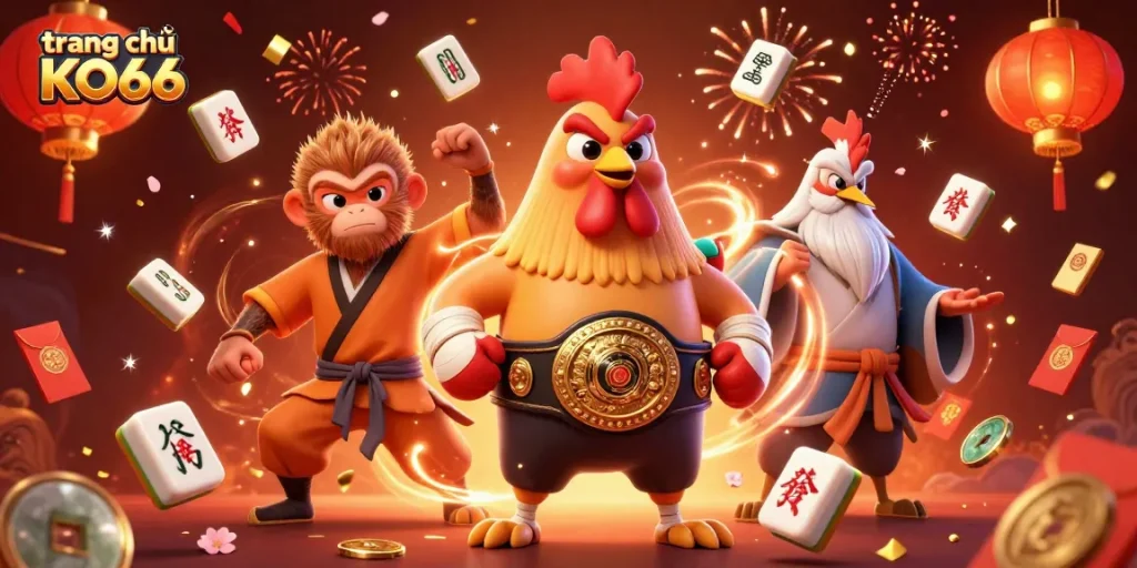 Experience the excitement of the trang chủ KO66 with cartoon characters surrounded by gambling elements.