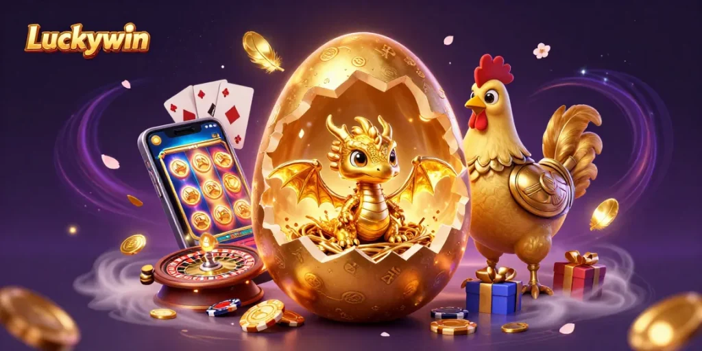 Experience the excitement of Luckywin with vibrant gaming icons and a golden dragon guarding treasures.